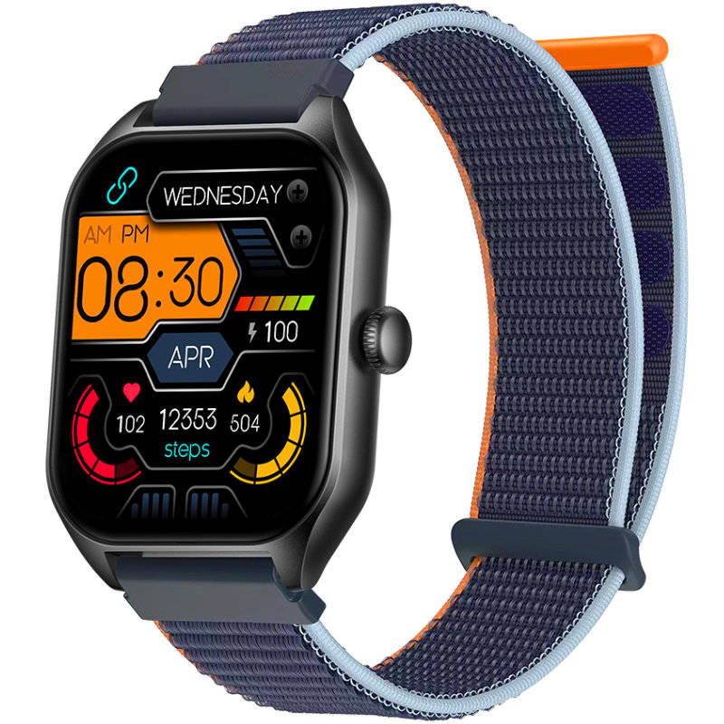 Niebieski smartwatch damski Rubicon RNCF03 - z przodu, granatowy pasek materiałowy, tarcza cyfrowa