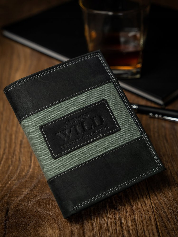 Czarny portfel męski Always Wild N4-JEANS z jeansową wstawką i logo marki