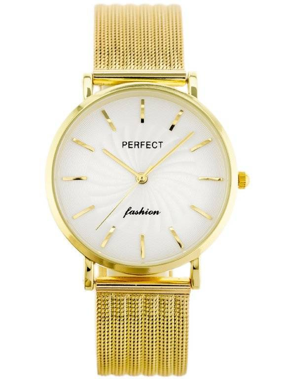 Zegarek damski fashion Perfect E334 złoty z tarczą srebrną - zegarek z przodu na białym tle