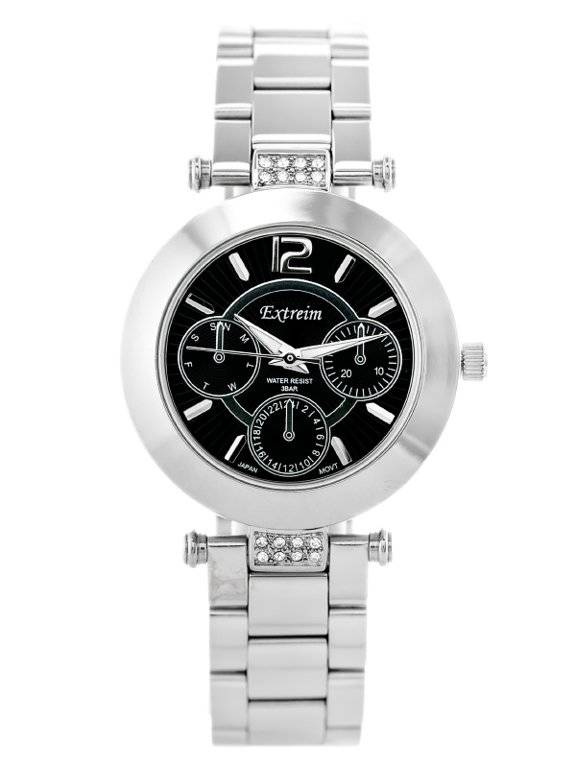 Srebrny zegarek damski Extreim EXT-8393A-2A - zegarek z przodu, cyrkonie przy uszach koperty