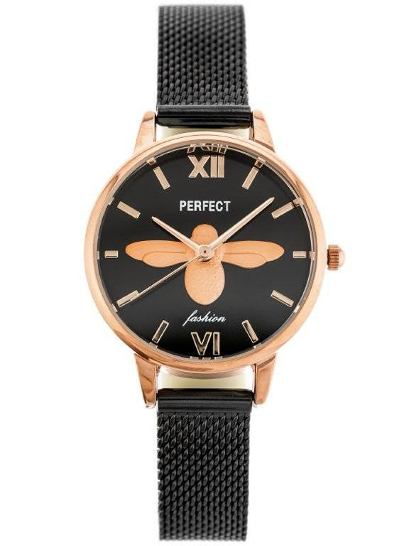 Czarny z różowym złotem zegarek damski Perfect S639 - zegarek z przodu na białym tle