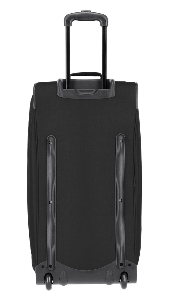 Czarna torba Travelite Basics 89 l od tyłu, postawiona pionowo, z uchwytem teleskopowym i kółkami