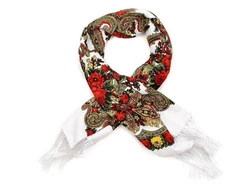 Chusta damska góralska z frędzlami biała w kwiaty Q71