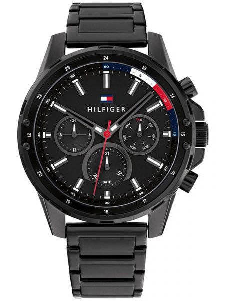 Czarny zegarek męski Tommy Hilfiger 1791935 - zegarek z przodu na białym tle, czarna tarcza