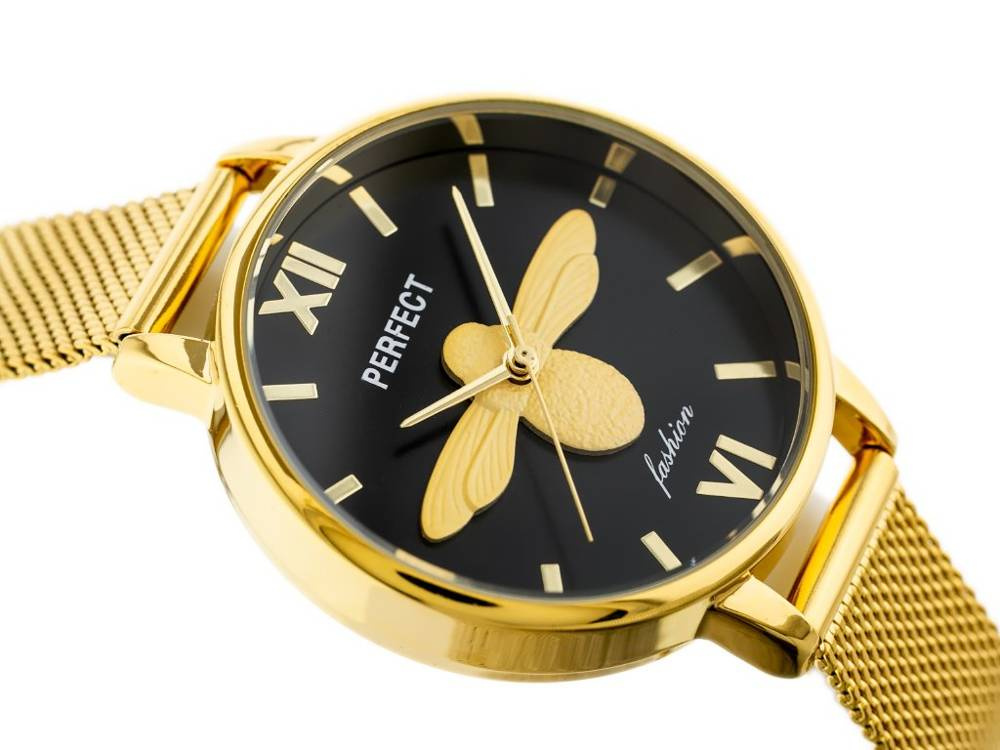 Zegarek damski fashion Perfect S638 złoty z tarczą czarną - zbliżenie tarczy pod kątem