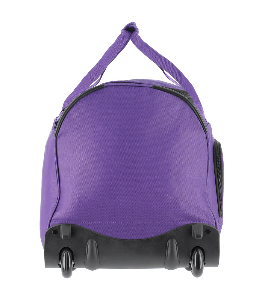Fioletowa torba Travelite Basics 89 l z boku, z dwoma kółkami i rączkami złączonymi u góry