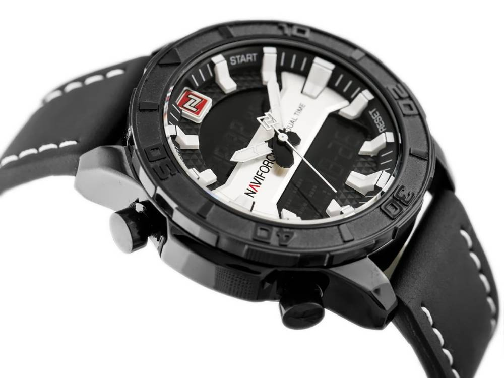 Czarny zegarek męski Naviforce NF9114 - koperta z boku z koronką i przyciskami