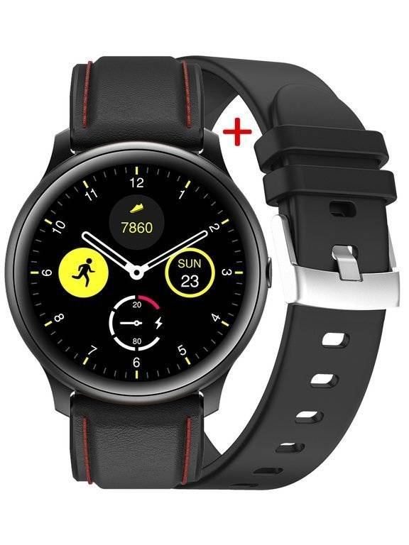 Czarny smartwatch męski G. Rossi SF1-1A1-1 - czarny smartwatch z przodu z dodatkowym paskiem z przeszyciem