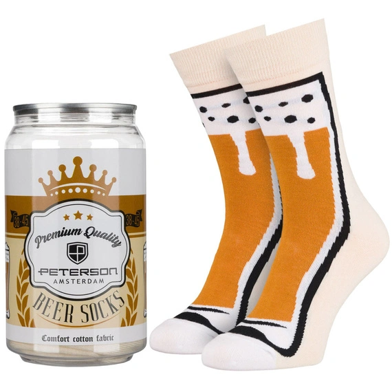 Pomarańczowe skarpety Peterson 1P-BE2 we wzór szklanki piwa obok puszki Beer Socks