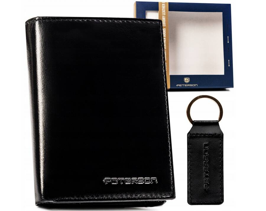 Czarny portfel męski Peterson SET-M-1542-KCS bez zapięcia i skórzany brelok