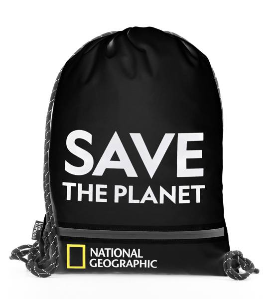 Czarny plecak National Geographic Saturn z napisem SAVE THE PLANET i ściąganymi sznurkami