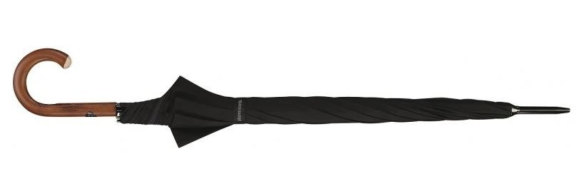 Czarny parasol Pierre Cardin Golf Line złożony, z zakrzywioną brązową rączką