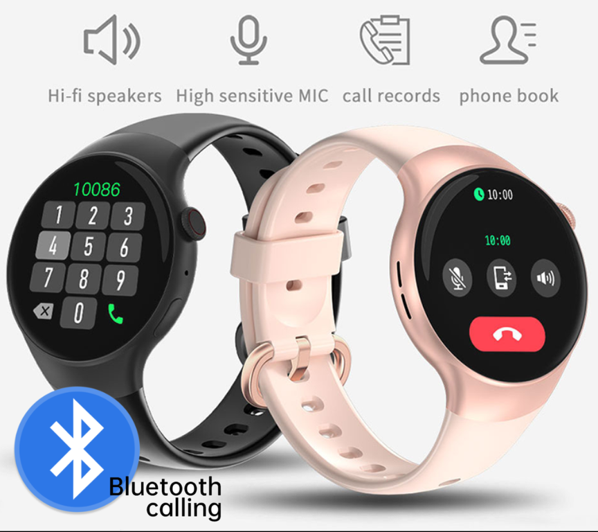 Różowy z różowym złotem smartwatch damski Rubicon RNCE87 - grafika rozmów Bluetooth, obok wersja czarna