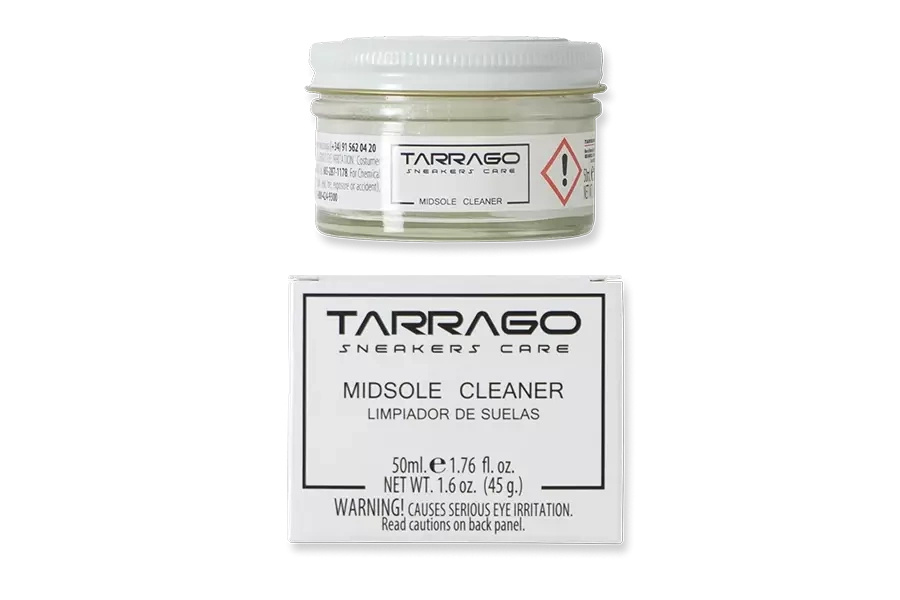 Krem do podeszew Tarrago bezbarwny - słoik i pudełko Midsole Cleaner 50 ml na białym tle