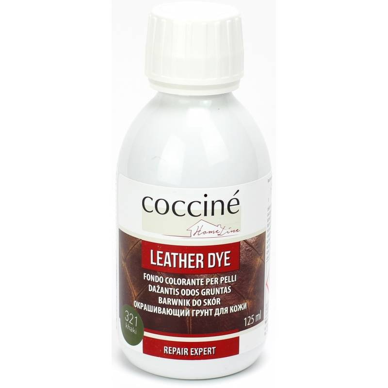 Farba koloryzujący do skóry i tekstyliów Coccine oliwkowa - butelka Leather Dye 125 ml, oznaczenie koloru nr 321 khaki