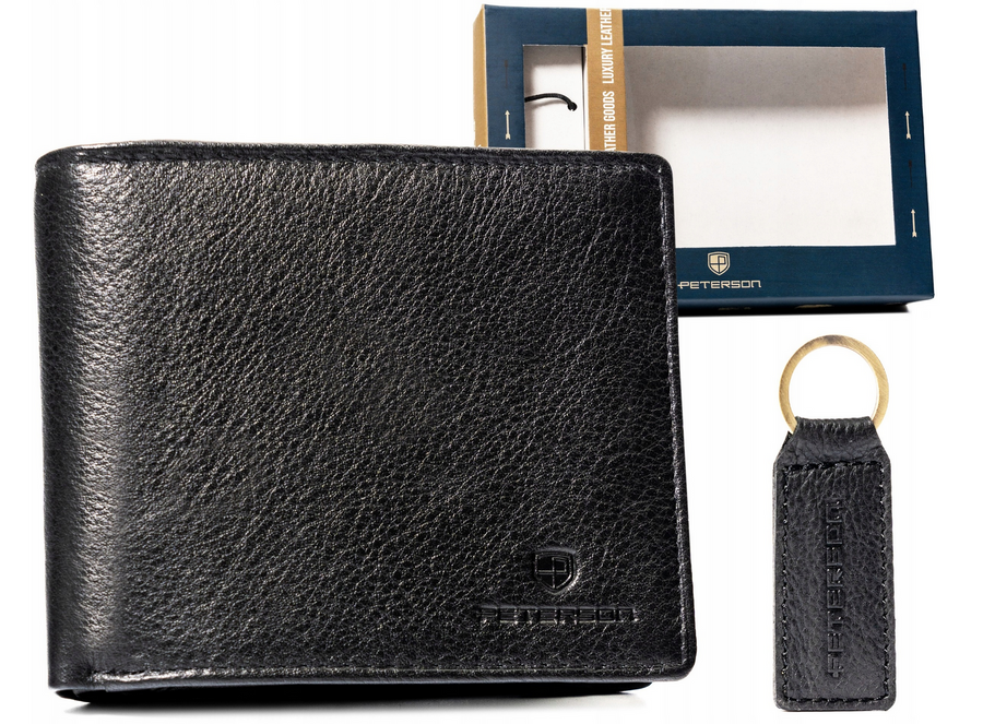 Czarny poziomy portfel męski Peterson SET-M-N992-D i skórzany brelok