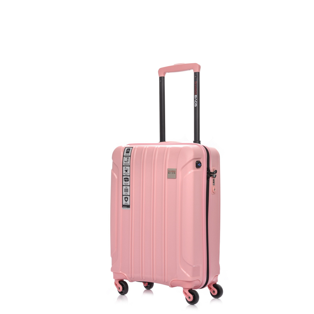 Różowa walizka SwissBags Tourist 55 z wysuniętym uchwytem teleskopowym, czterema kółkami i zamkiem szyfrowym