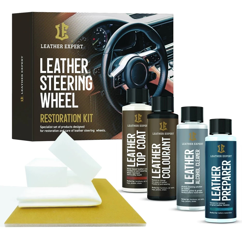 Zestaw do renowacji do skóry Leather Expert - pudełko zestawu z czterema butelkami, gąbkami, ręcznikiem i papierem ściernym