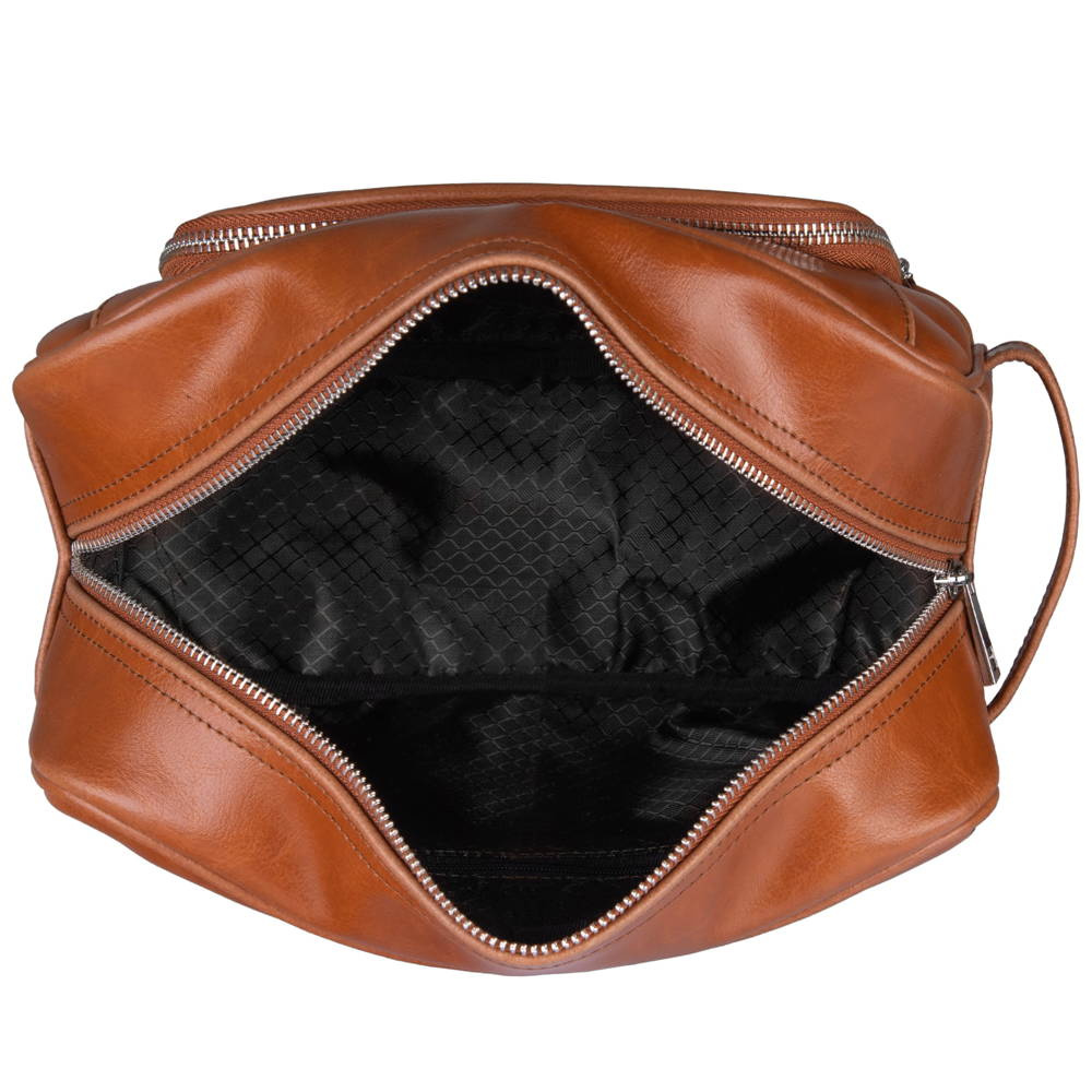 Kosmetyczka skórzana unisex Tizano KM4 podróżna z rączką koniak - unisex design i mosiężne okucia