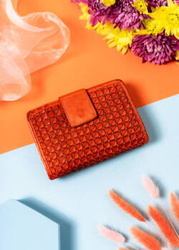 Skórzany portfel damski pomarańczowy z zapięciem vintage - Rovicky R-N109-ZPT