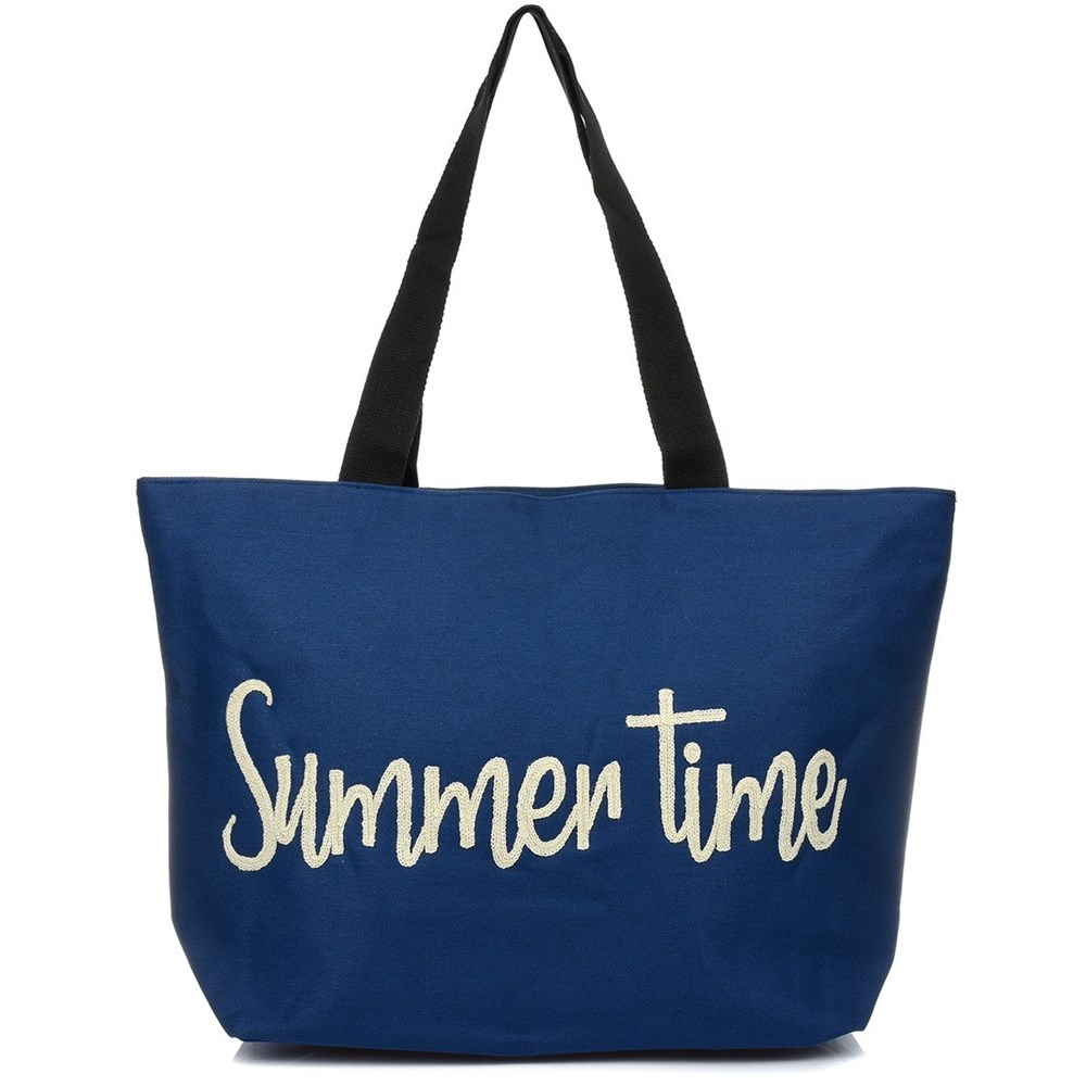 Granatowa torba Versoli T64, przód z jasnym napisem Summer time, czarne uchwyty