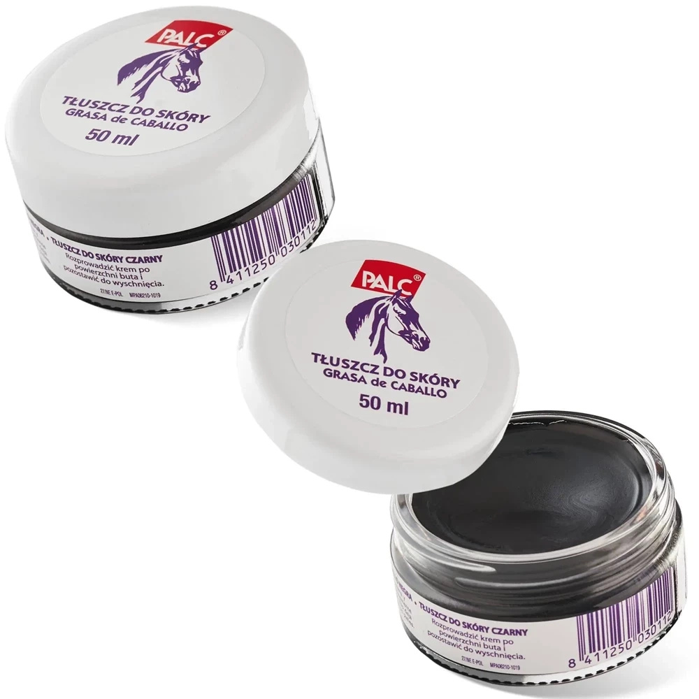 Tłuszcz wodoodporny do skór gładkich Palc czarny - dwa słoiczki 50 ml, etykieta Tłuszcz do skóry czarny / Grasa de caballo