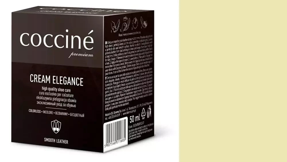 Krem do skóry gładkiej Coccine kremowy - kartonik Coccine Cream Elegance 50 ml i próbnik koloru w odcieniu kremowym