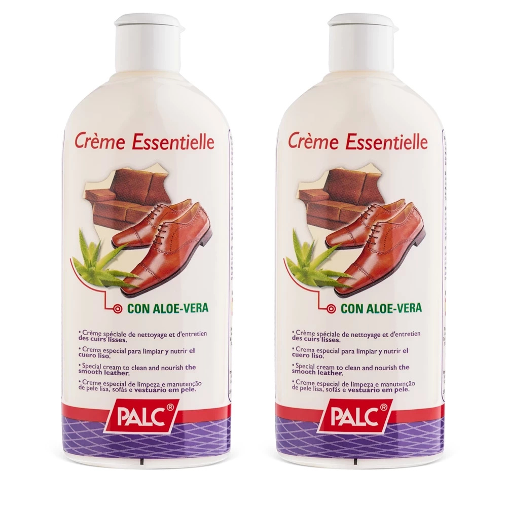 Krem odżywczy do skór gładkich Palc bezbarwny - dwie butelki 200 ml z przodu, etykieta Crème Essentielle con aloe-vera