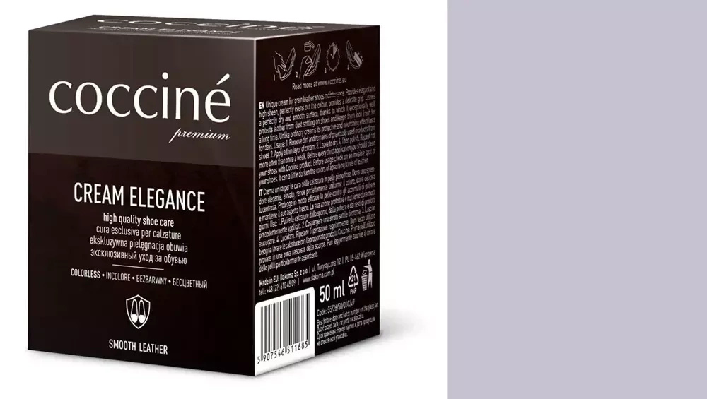 Krem do skóry gładkiej Coccine fioletowy - kartonik Coccine Cream Elegance 50 ml i próbnik koloru w odcieniu liliowym