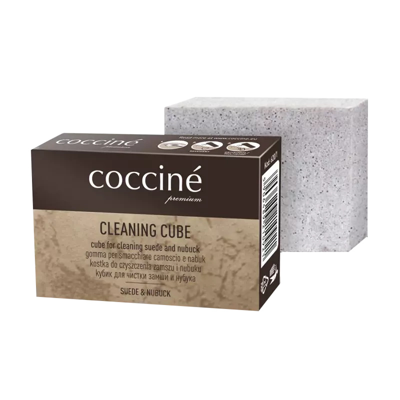 Gumka do zamszu i nubuku Coccine - pudełko Coccine Cleaning Cube i szara gumowa kostka