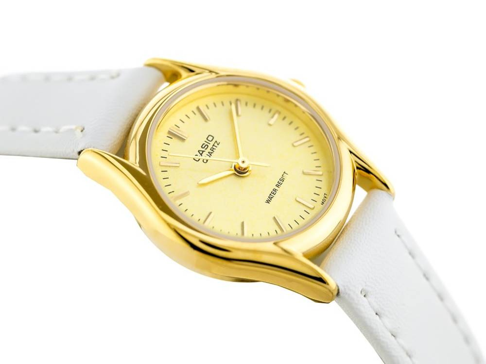 Złoto-biały zegarek dla dzieci Casio LTP-1094Q 9ARDF - zbliżenie tarczy z boku