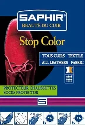 Spray przeciw farbowaniu do skóry Saphir - zbliżenie etykiety Stop Color z piktogramami użycia