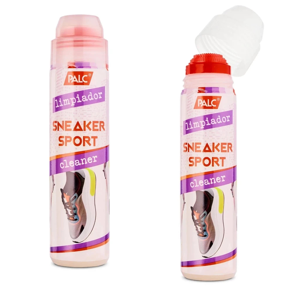 Środek do czyszczenia obuwia sportowego Palc - butelka z gąbkowym aplikatorem w dwóch ujęciach, etykieta Sneaker Sport cleaner