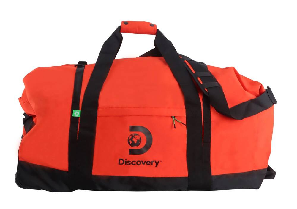 Pomarańczowa torba Discovery Drive 12113 z przodu, z czarnymi rączkami, logo Discovery i kieszenią na zamek