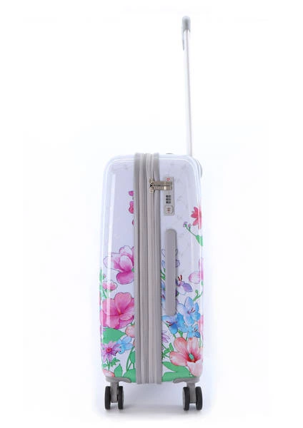 Biała walizka na kółkach Elle Flower 68 z boku, z zamkiem szyfrowym i uchwytem bocznym