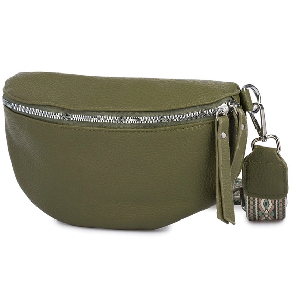 Nerka damska Versoli NER-S-25 khaki, przód, srebrny suwak, karabińczyk i fragment paska w azteckie wzory