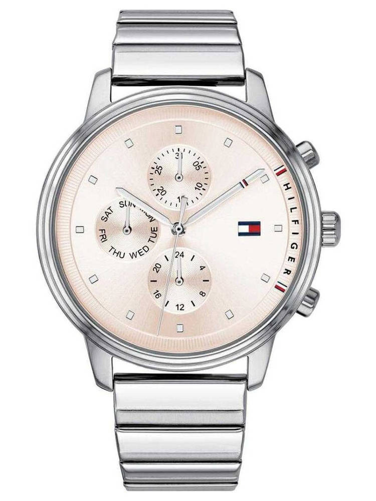 Srebrny zegarek damski Tommy Hilfiger 1781904 - zegarek z przodu na białym tle, różowa tarcza