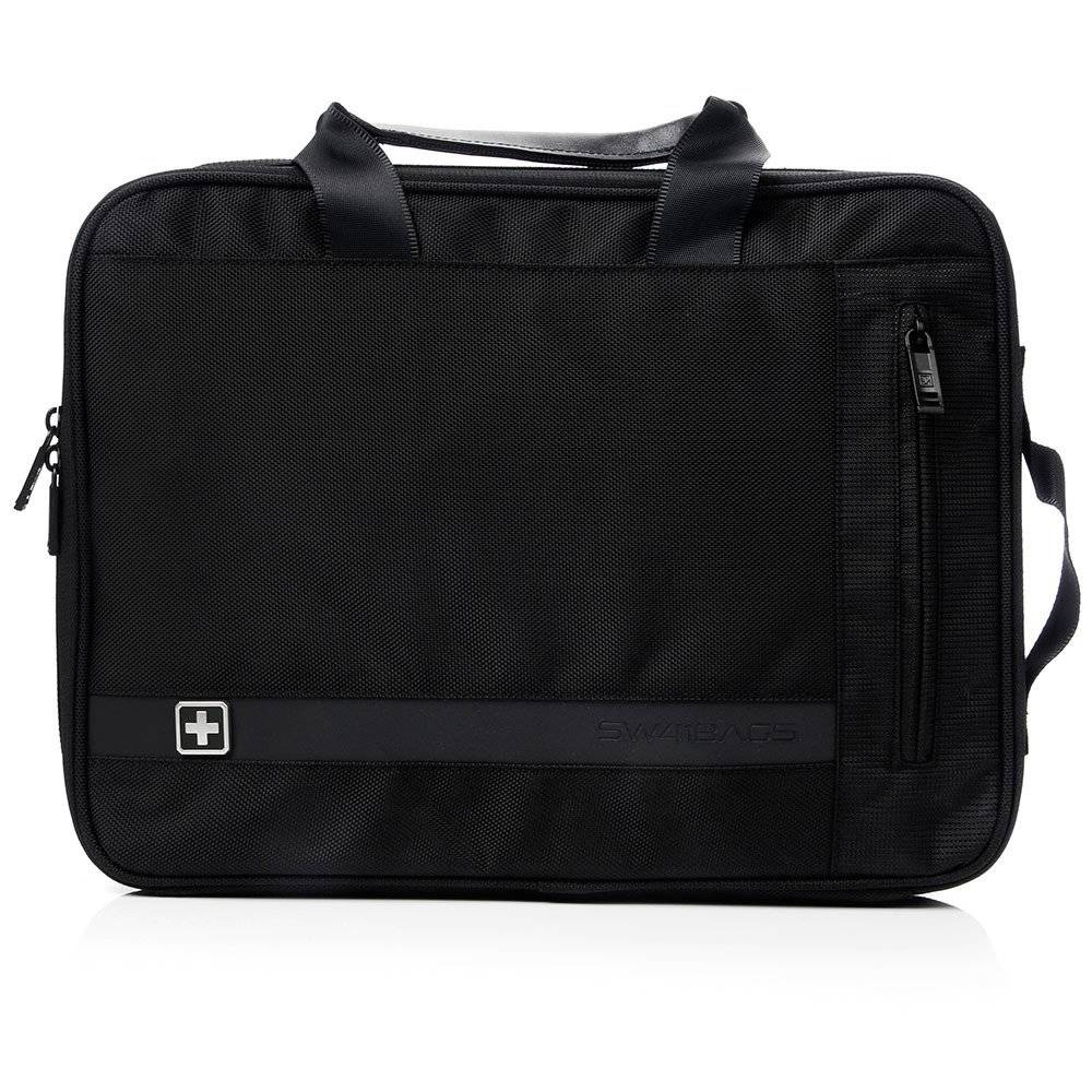 Czarna torba SwissBags SB137 z rączką, logo z krzyżem i pionową kieszenią na zamek z przodu