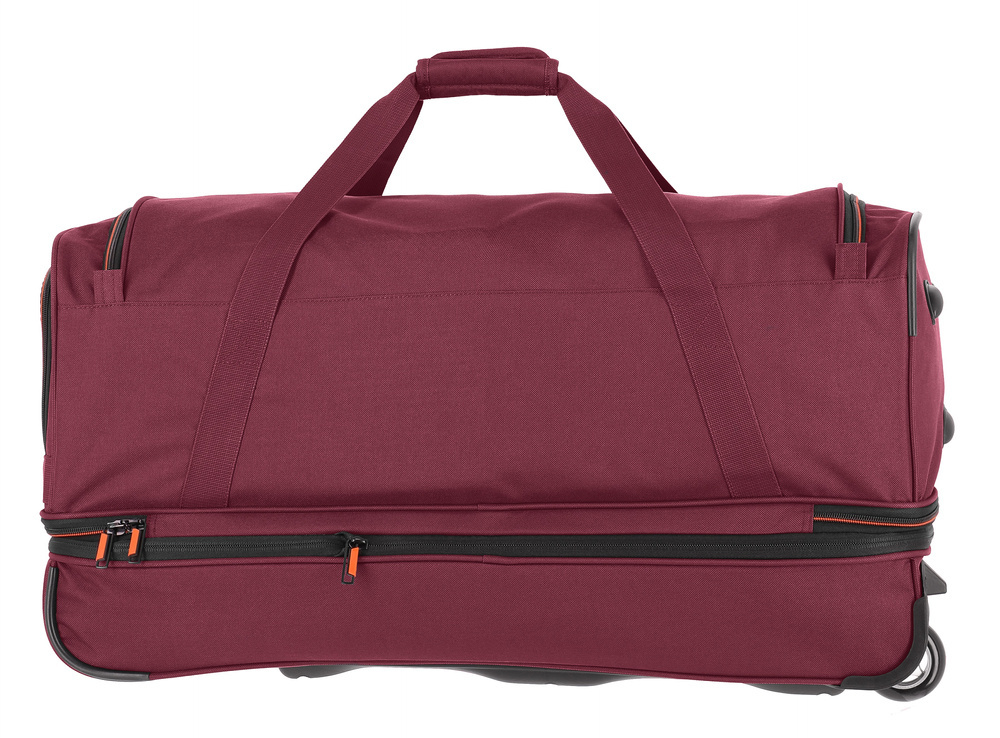 Bordowa torba Travelite Basics 98 l od tyłu, z dwiema rączkami i zamkiem błyskawicznym dolnej części