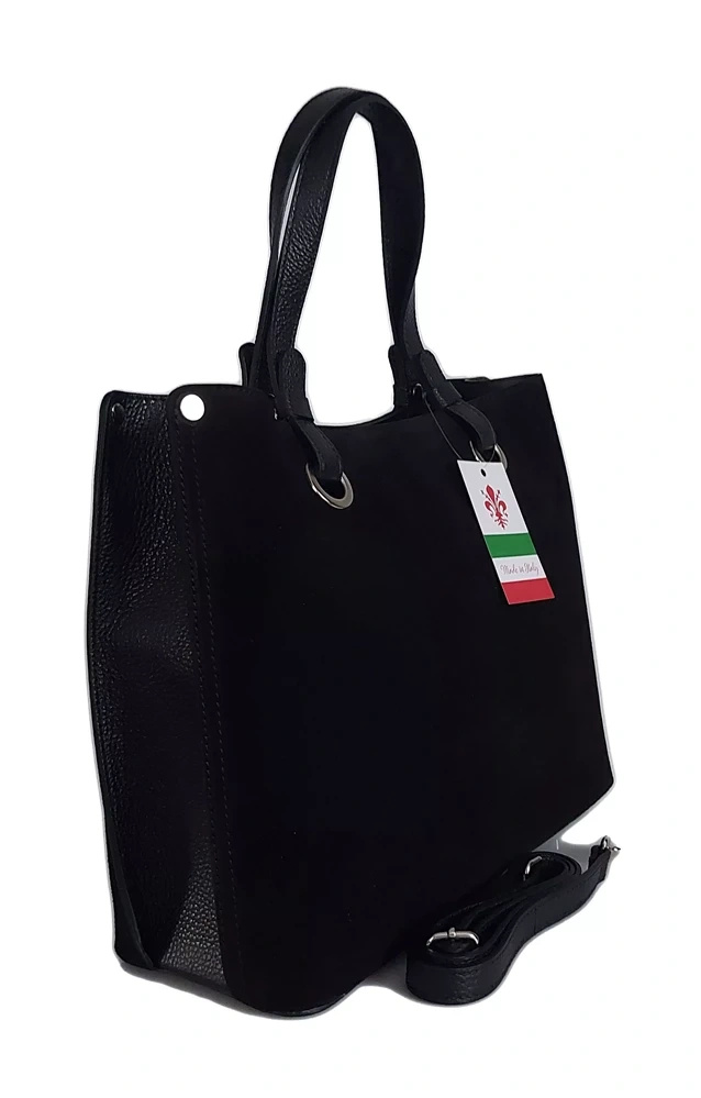 Torebka skórzana zamszowa damska Vera Pelle VOM33N shopper bag A4 czarna - detal zamszowej skóry i wykończenia