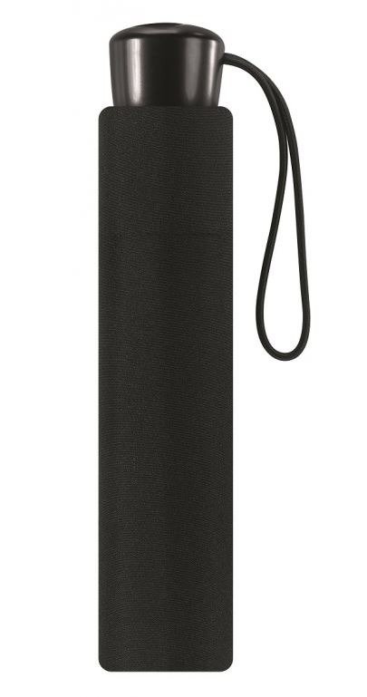 Czarny parasol Pierre Cardin Black Line złożony w pokrowcu, z pętlą na nadgarstek