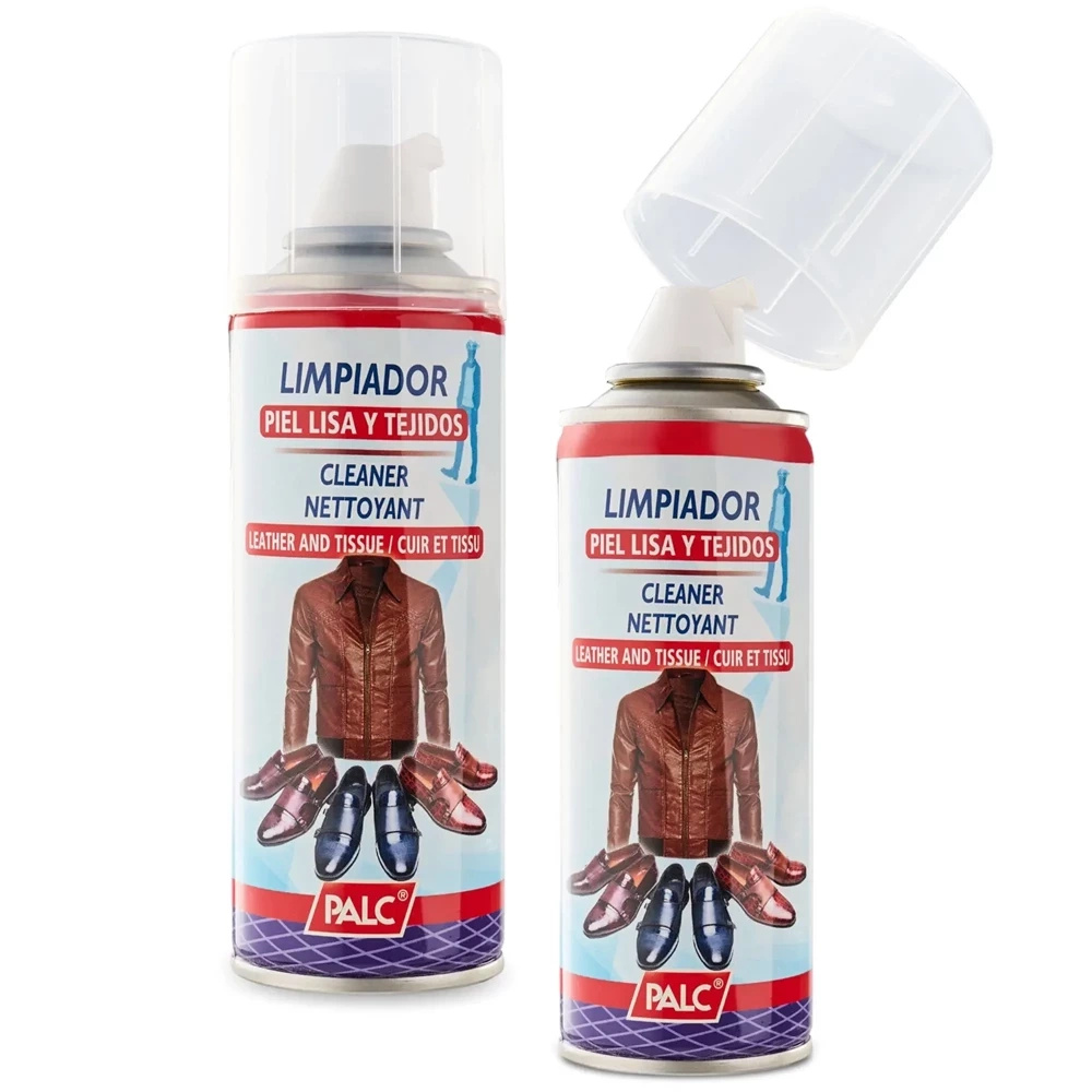 Pianka czyszcząca do skóry Palc - dwa aerozole 200 ml, etykieta Limpiador piel lisa y tejidos / leather and tissue