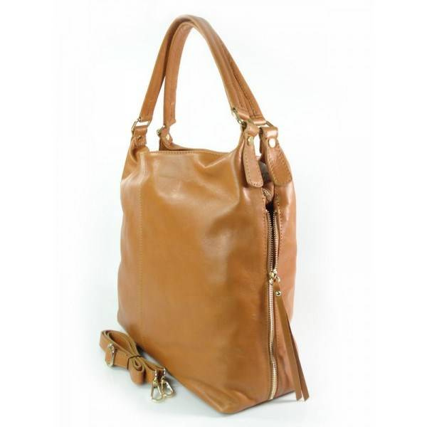 Torebka skórzana damska Vera Pelle W678C worek shopper A4 camel - widok z boku i detale uchwytów