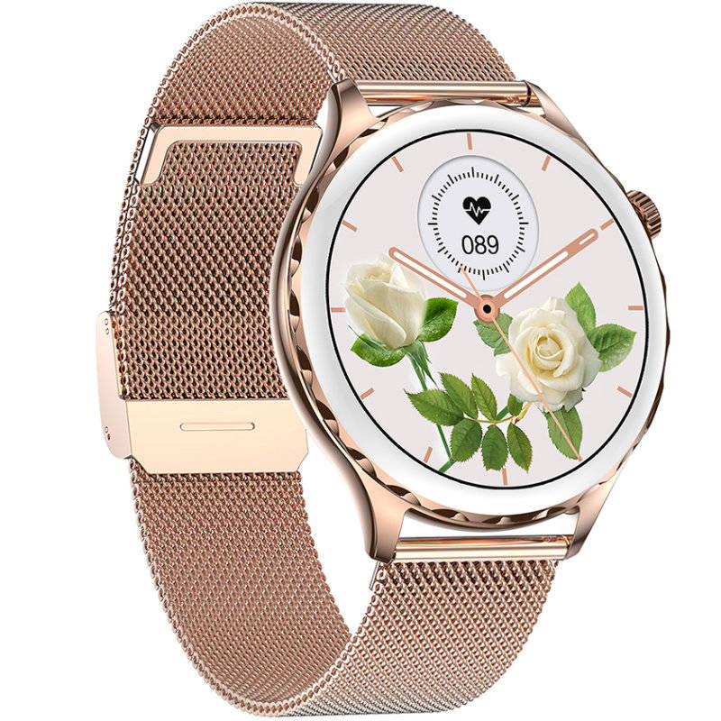 Różowy z różowym złotem smartwatch damski Rubicon RNCF02 - pod kątem, zapięcie bransolety