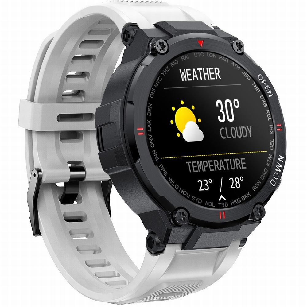 Biały smartwatch męski Gravity GT7-6 - pod kątem, ekran z pogodą