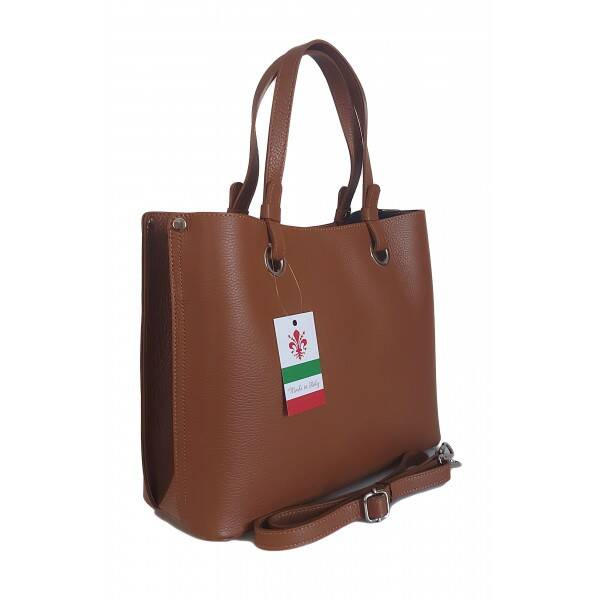 Torebka skórzana damska Vera Pelle VOM65C shopper bag A4 camel - widok wnętrza i organizacja przestrzeni