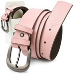 Skórzany pasek damski do spodni pudrowo-różowy ze srebrną klamrą Beltimore A70