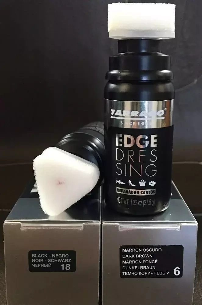 Edge dressing do podeszew Tarrago ciemnobrązowy - butelka z odkrytym aplikatorem na pudełkach 18 black i 6 dark brown