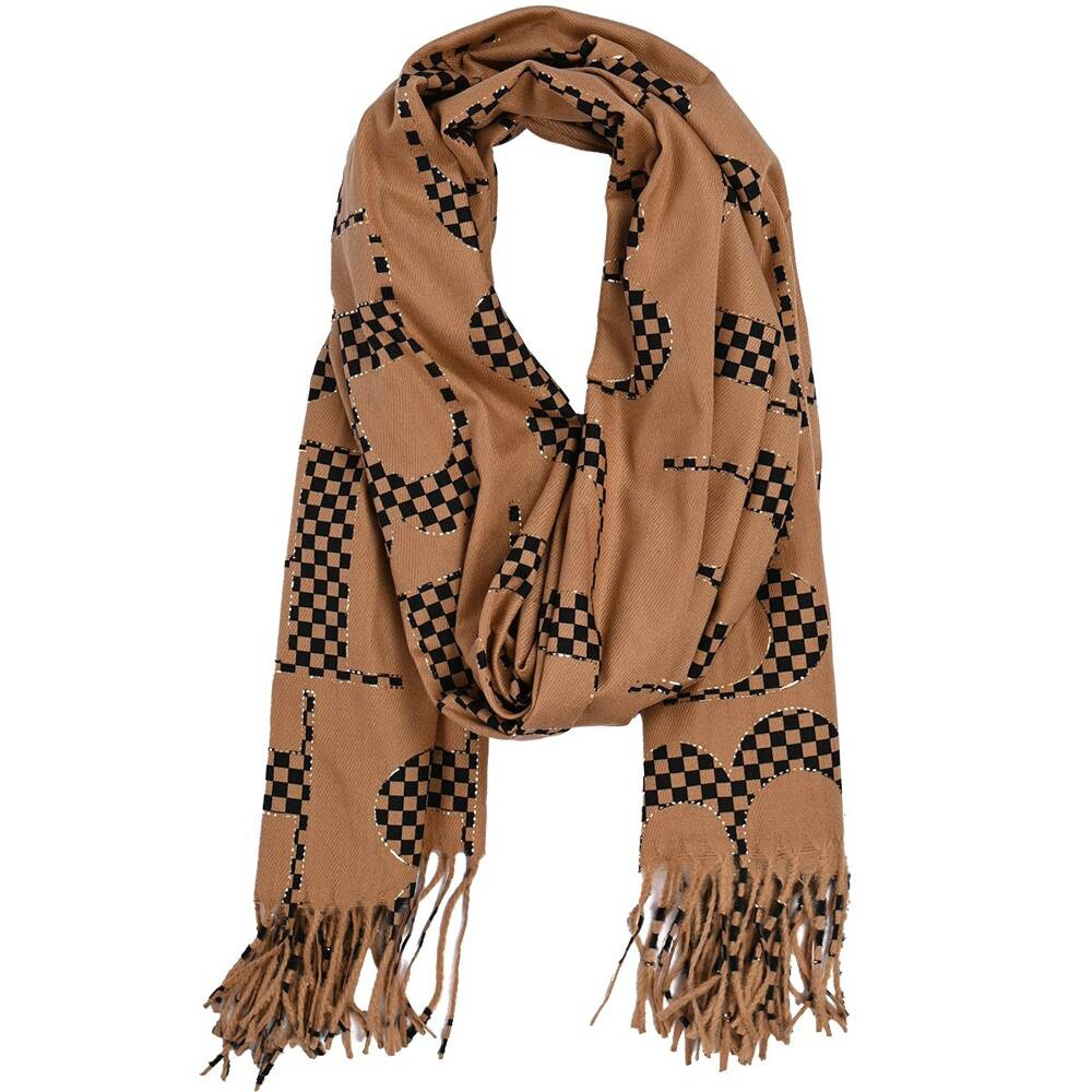 Szalik damski Versoli P-27 camel, luźno zawiązany, ujęcie z boku