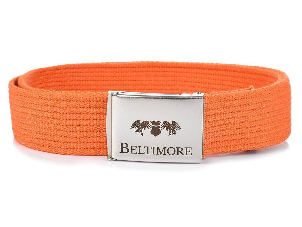 Pomarańczowy pasek męski Beltimore F79 110-125 cm, zapięty, klamra z logo